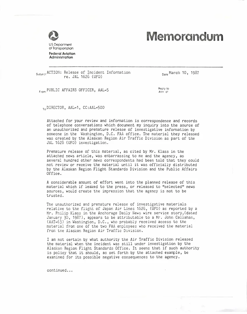 First page of an FAA memorandum dated March 10, 1987, on the release of incident information