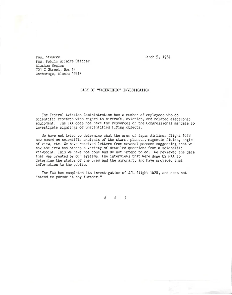 Typed FAA statement dated March 5, 1987, headed Lack of scientific investigation