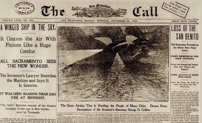 Front page of The San Francisco Call, 23 November 1896, headlined A Winged Ship in the Sky
